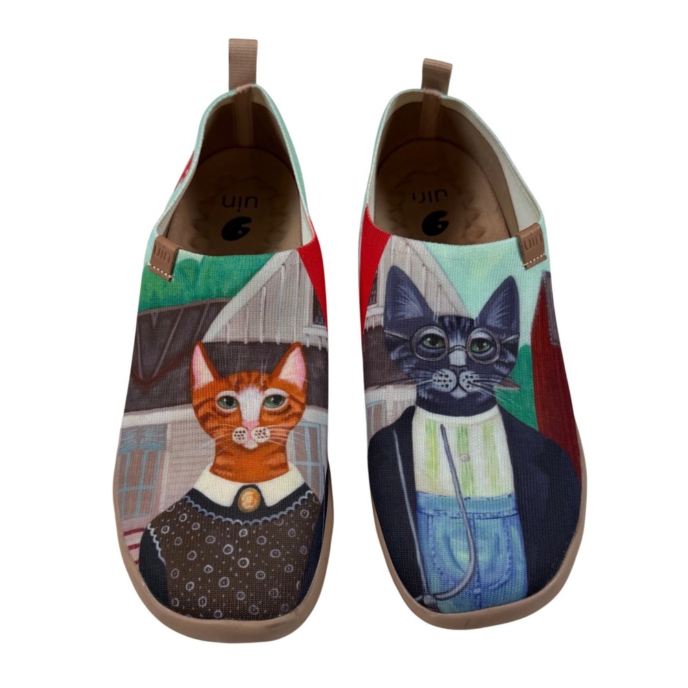 UIN Toledo Cat Couple Art Canvas Slip On Loafers Womens 10.5 American Gothic